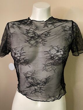 Sheer Black Lace Short-Sleeve goth rock Crop Top 🖤☠️🖤